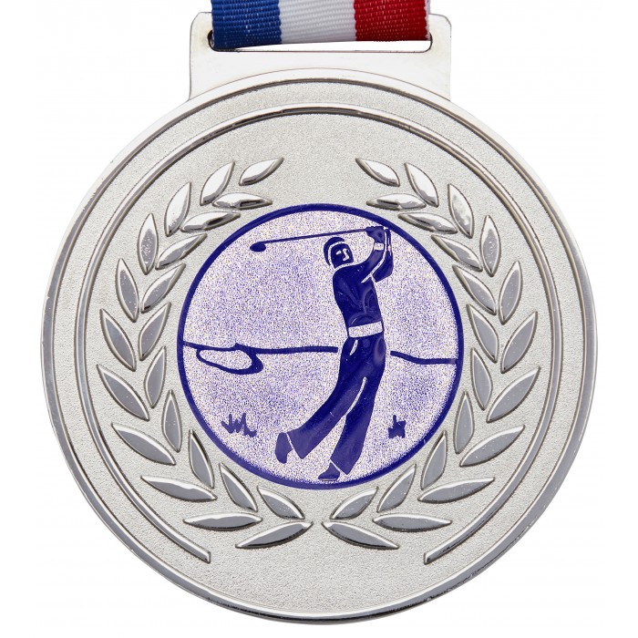 OLYMPIC GOLF MEDAL & RIBBON - 100MM X 6MM THICK -SILVER